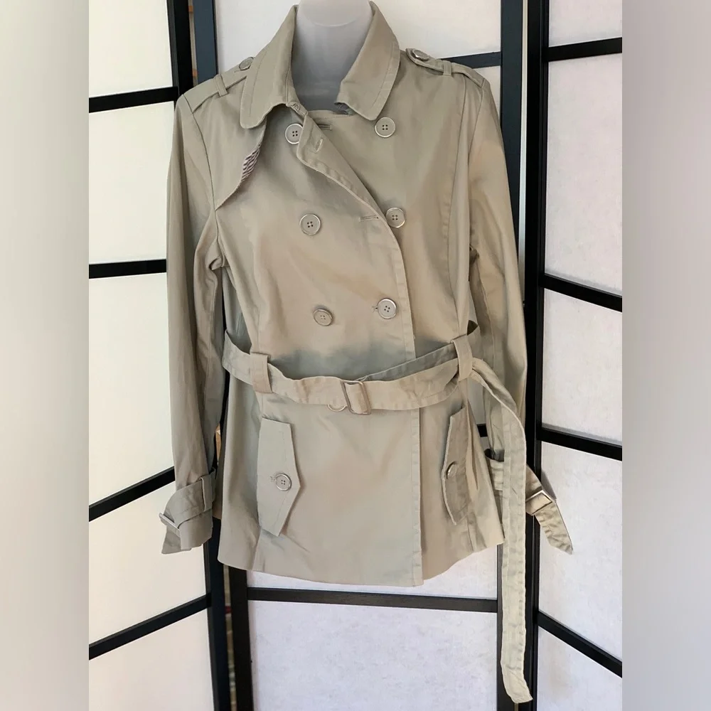 Joan Rivers (QVC) Double Breasted Short Trench Coat ~ Khaki Cotton ~ Size M - Picture 2 of 16